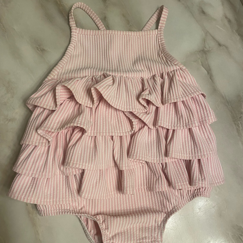 Mud Pie Pink and White Striped Ruffle One-Piece